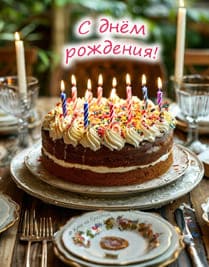 торт со свечками на столе и посуда