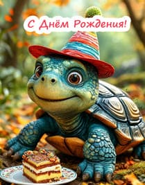 нарисованная черепаха в колпаке в лесу кусок торта