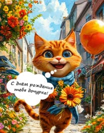 рыжий котик с цветами идёт по улице