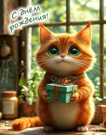 рыжий кот с подарком на подоконнике