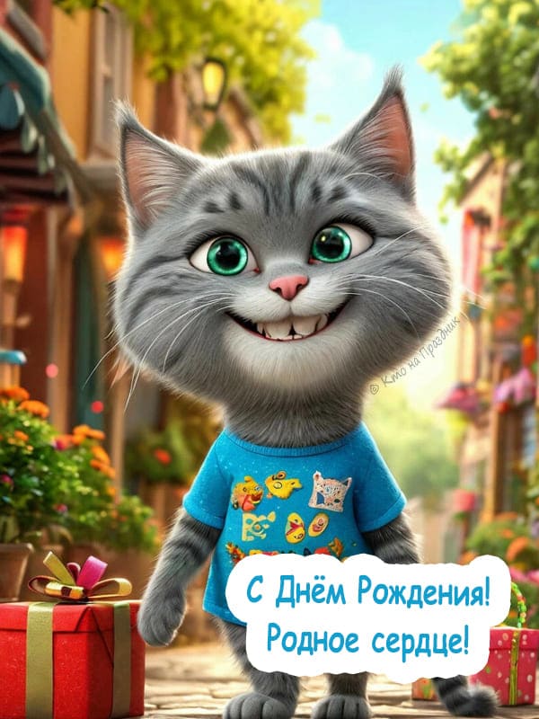 Серый кот персонаж улыбается в синей футболке летом