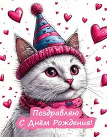 на белом фоне белый кот в праздничном колпаке с сердечками