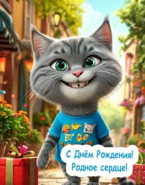 серый кот с подарком в синей футболке