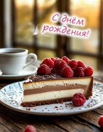 кусок торта с малиной на тарелке