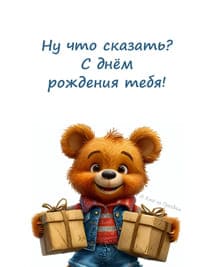 медведь с подарками в джинсовом костюме