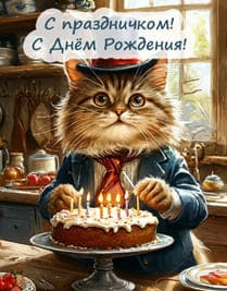 кот в шляпе и торт со свечками
