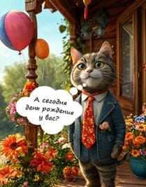 кот в костюме воздушные шары и крыльцо дома