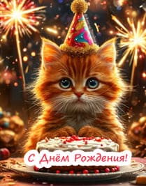 рыжий кот на фоне салюта с тортом