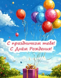 коробка с подарком и воздушные шары на природе