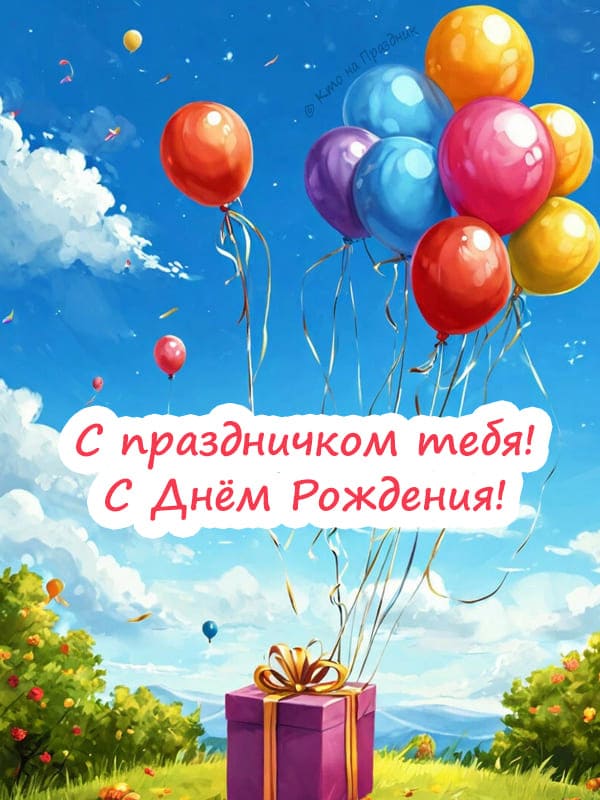 Коробка с подарком на природе с разноцветными шарами день рождения