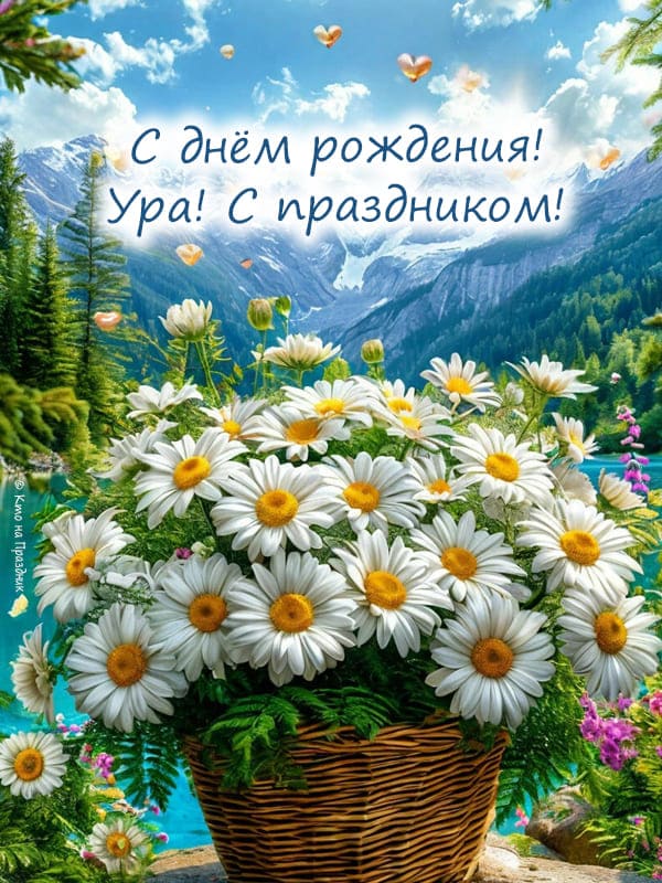 букет больших ромашек в плетённой корзине на фоне природы гор и озера
