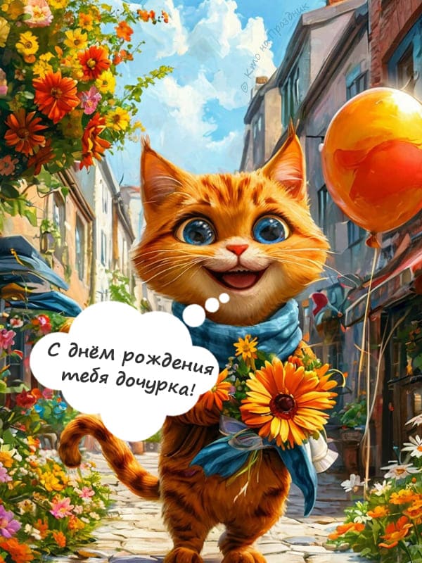 Улыбчивый рыжий кот идёт по улице с букетом цветов поздравление дочке