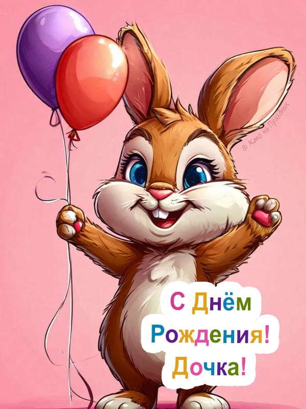 Нарисованный зайка с двумя воздушными шарами поздравление дочке