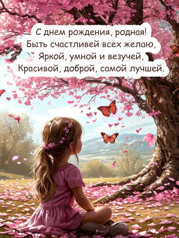 Маленькая девочка в розовом сидит возле дерева летают бабочки