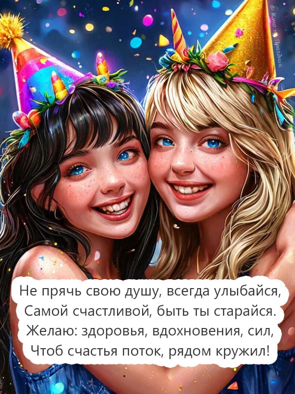 Две сестры в колпаках на фоне салюта