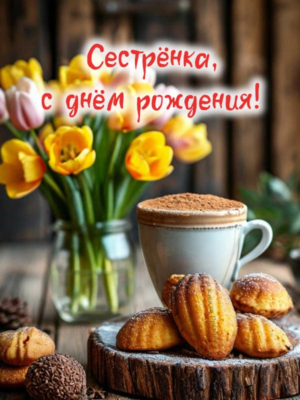 Чашка кофе с печеньями и букет тюльпанов