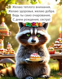 енот на природе с колпаком и тарелкой торта