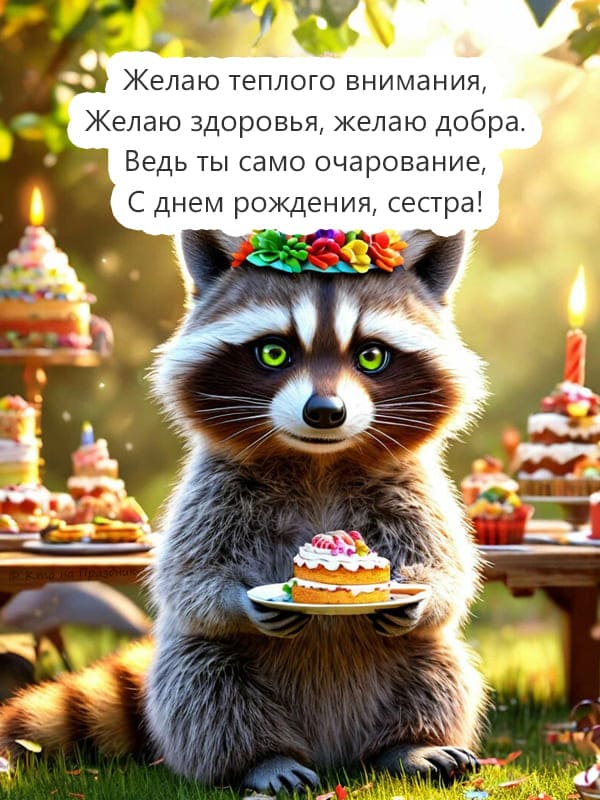Енот в колпаке держит в лапах на тарелке кусок торта день рождения
