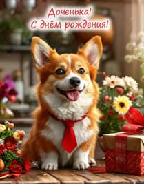 Корги среди подарков и цветов в галстуке