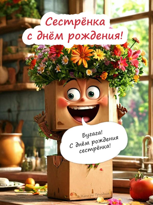Персонаж коробка с глазами и цветами на голове на кухне