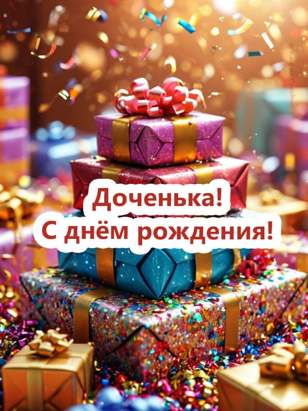 Коробки с подарками, конфети и надпись доченька с днём рождения