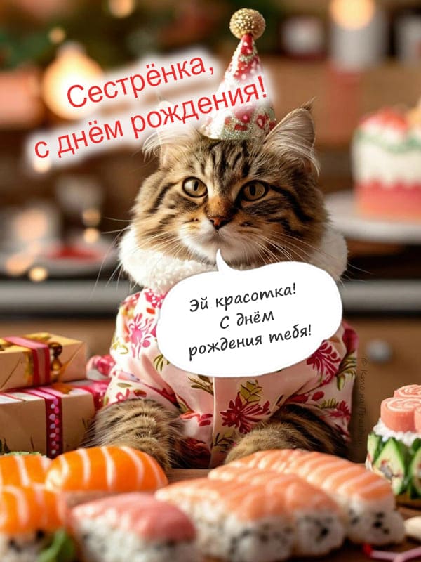 Кот в колпаке с текстовым облаком поздравляет с днём рождения сестру