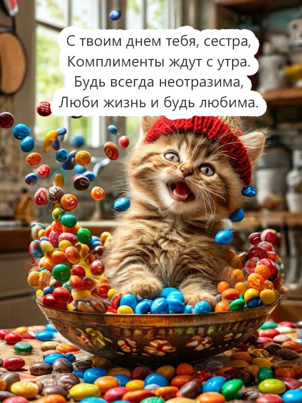 Котёнок в шапке в миске с разноцветными конфетами стихотворение текст