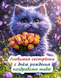 котик фиолетовая шесть с букетом цветов