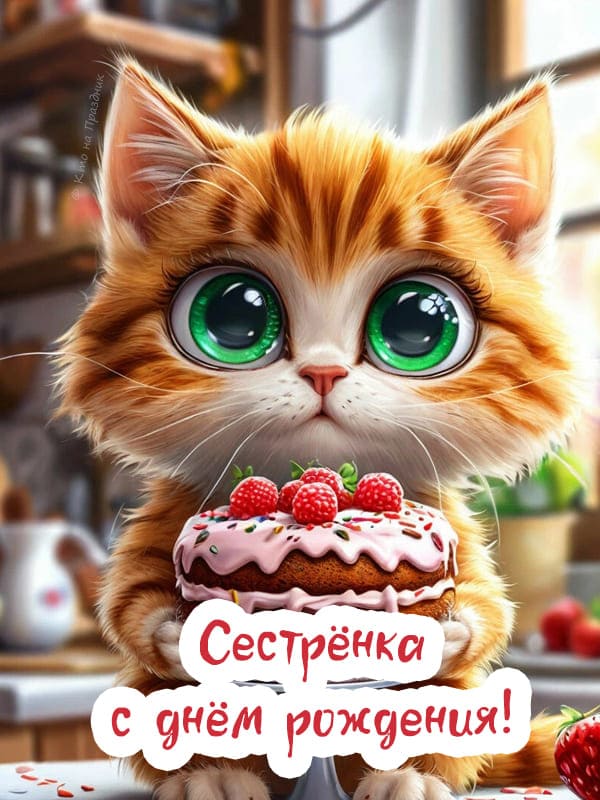 Кот с большими зелёными глазами в лапах держит торт поздравление день рождения