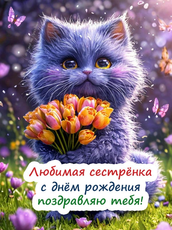 Фиолетовый сказочный котик с букетом ландышей