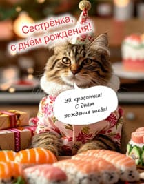 кот в колпачке с текстом поздравления среди суши