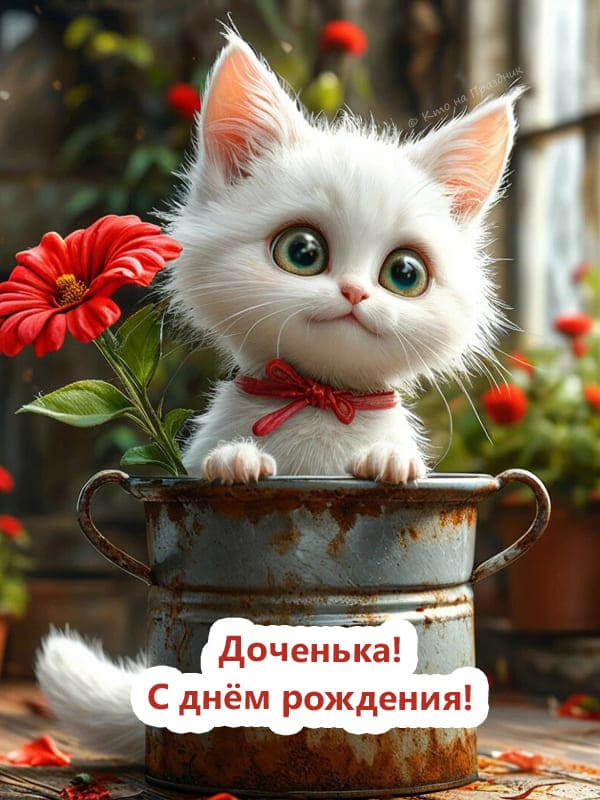 Белый котик сидит в ржавом горшке с цветком