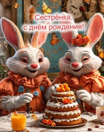 два персонажа зайца и большой торт