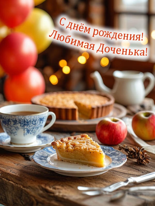Натюрморт чай, кусочек торта, пироги, воздушные шары