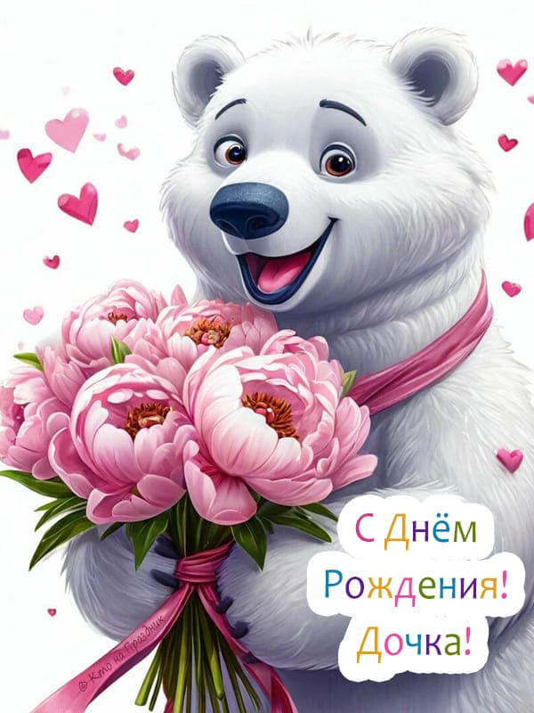 Белый мишка держит в лапках красивый букет цветов