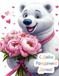 белый мишка и букет цветов
