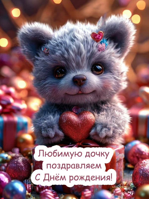 Милый персонаж мишка держит в лапках сердечко на фоне подарков