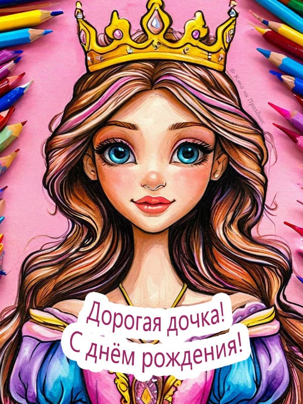 Нарисованная принцесса с короной цветными карандашами