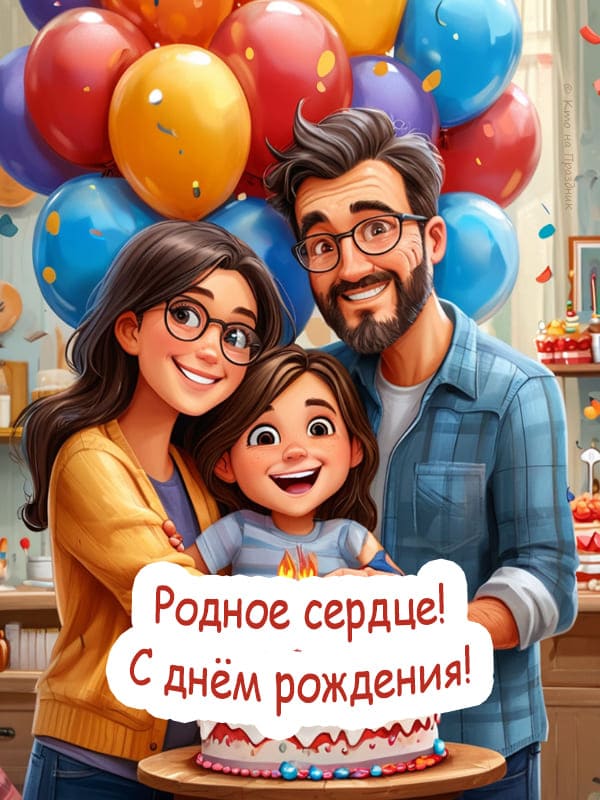 Мама и папа обнимают свою дочку на фоне воздушных шаров