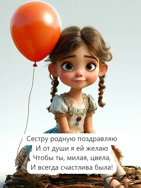 Девушка с красным воздушным шаром и текст поздравления сестре