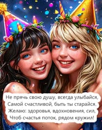 две сестры обнимаются в праздничных колпаках