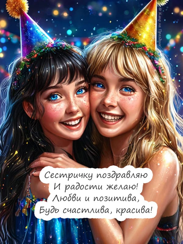 Две нарисованные девушки в обнимку сестры на фоне конфети в колпаках