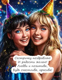 нарисованное изображение с двумя сестрами обнимаются в праздничных колпаках