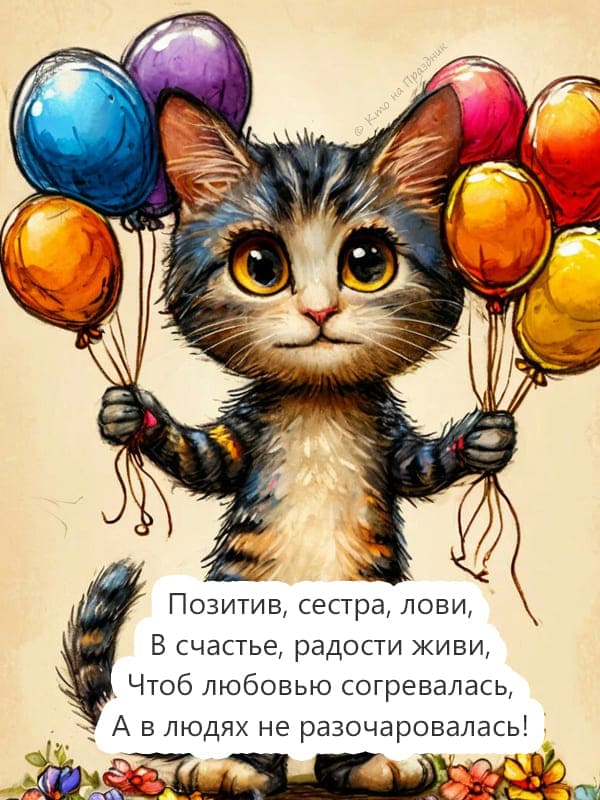 Нарисованный кот с воздушными шарами в лапах и текстом стихотворения