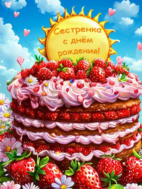 Большой клубничный торт с текстом поздравления сестре