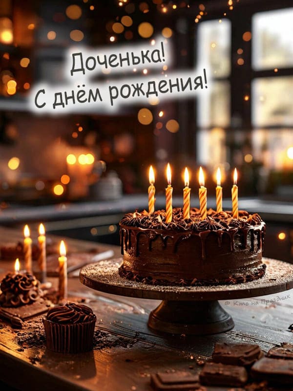 Шоколадный торт со свечками на кухне