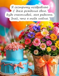 букет цветов, красивый торт и текст стихотворения на фоне разноцветных воздушных шаров