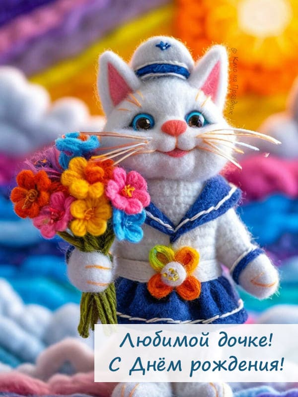 Связанный персонаж котик из шерсти с букетом цветов