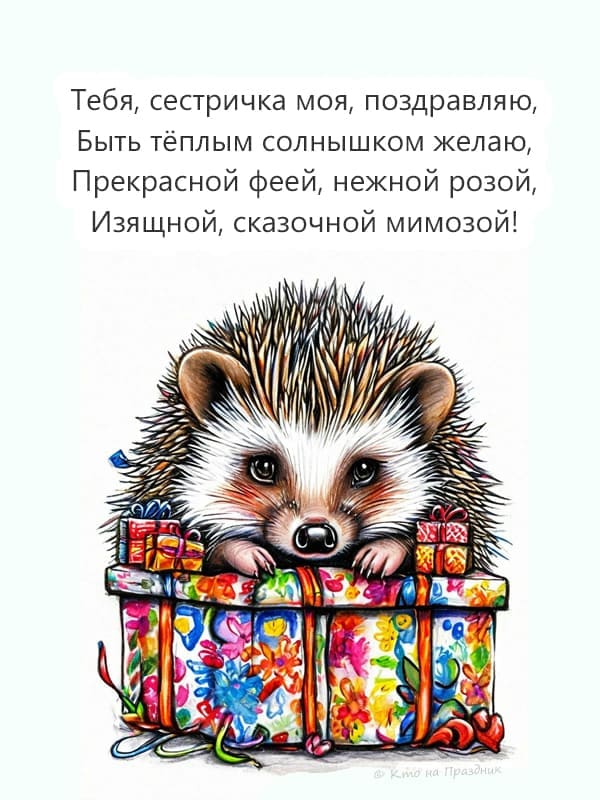 Нарисованный ёжик сидит на подарочной коробке