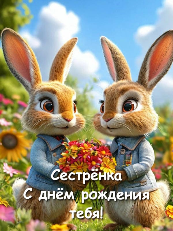 Два зайца на полянке с букетом цветов